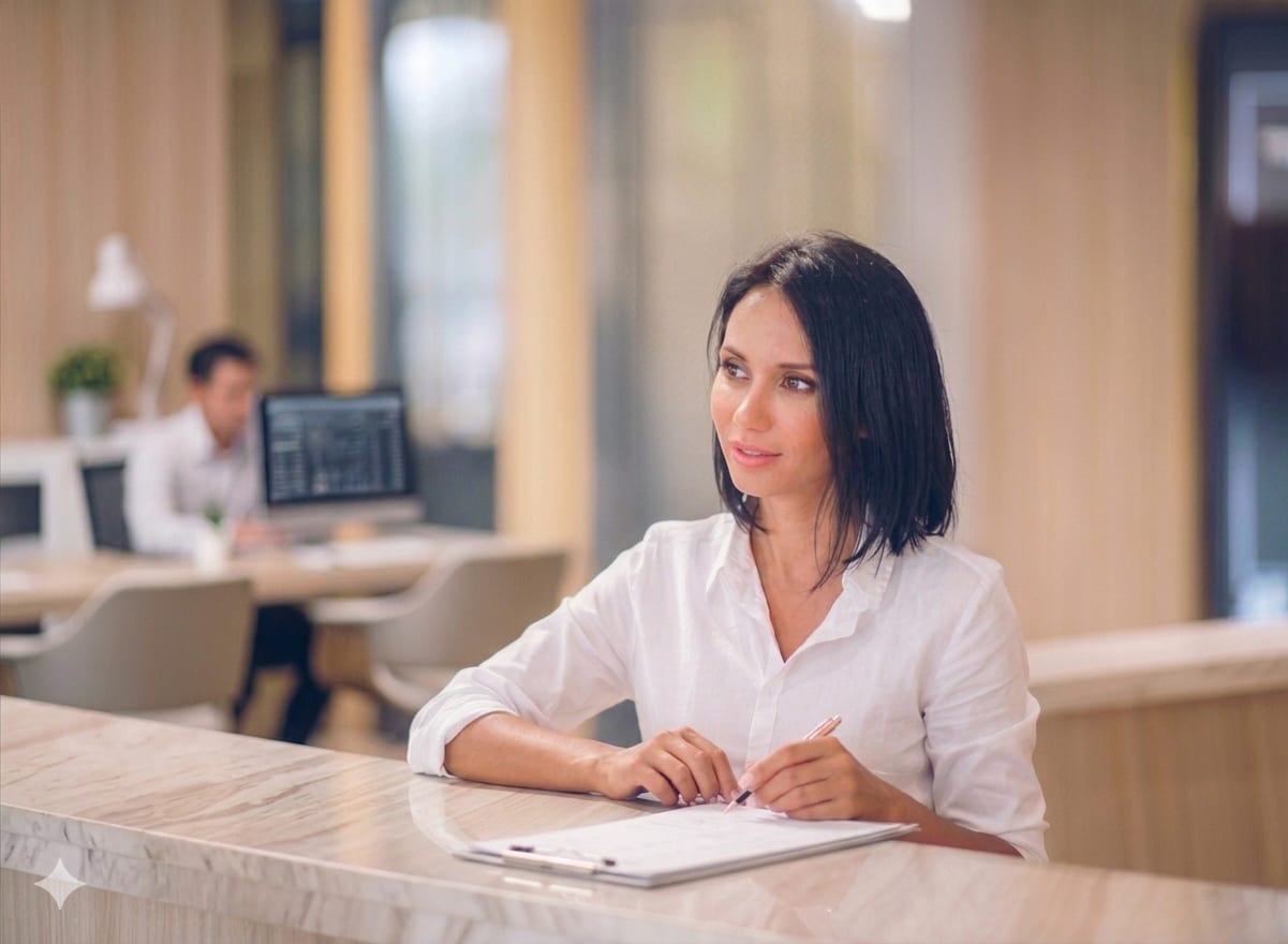 Dental receptionist at front desk